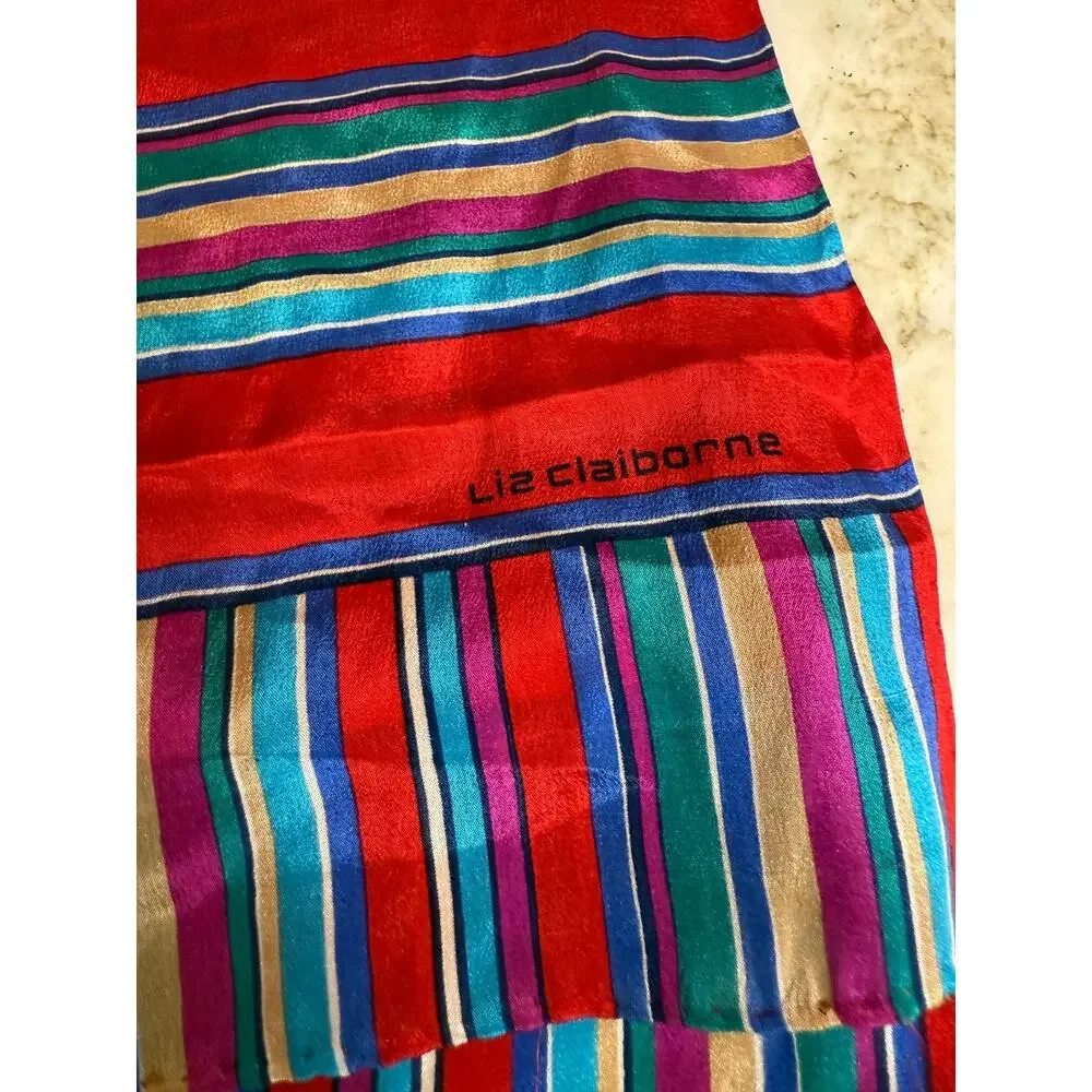 Vintage Liz Claiborne Vibrant Colorful Striped Silk Rectangular Neck Scarf